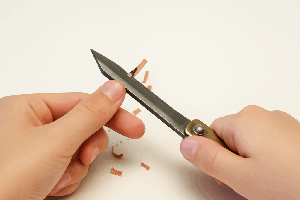 A close-up of a child’s hands sharpening a pencil with a Higonokami knife, featuring soft, smooth skin and fine wood shavings on a light surface.