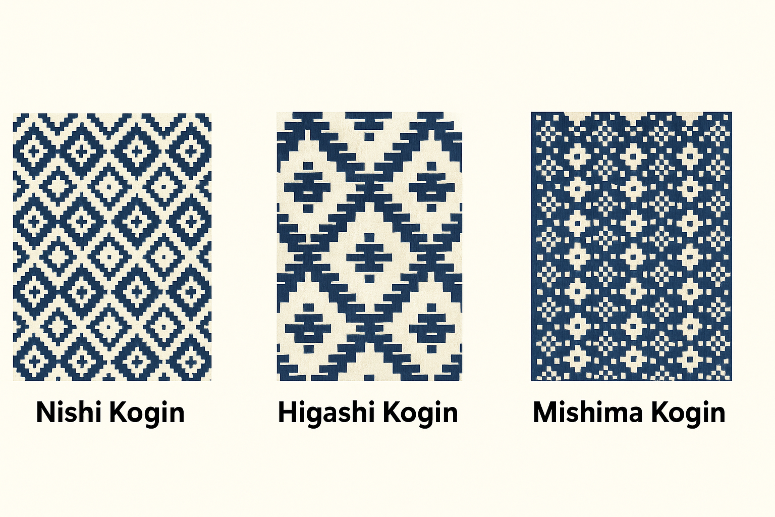Three traditional Kogin embroidery patterns labeled as Nishi-Kogin, Higashi-Kogin, and Mishima-Kogin, displayed in a clean and modern digital format