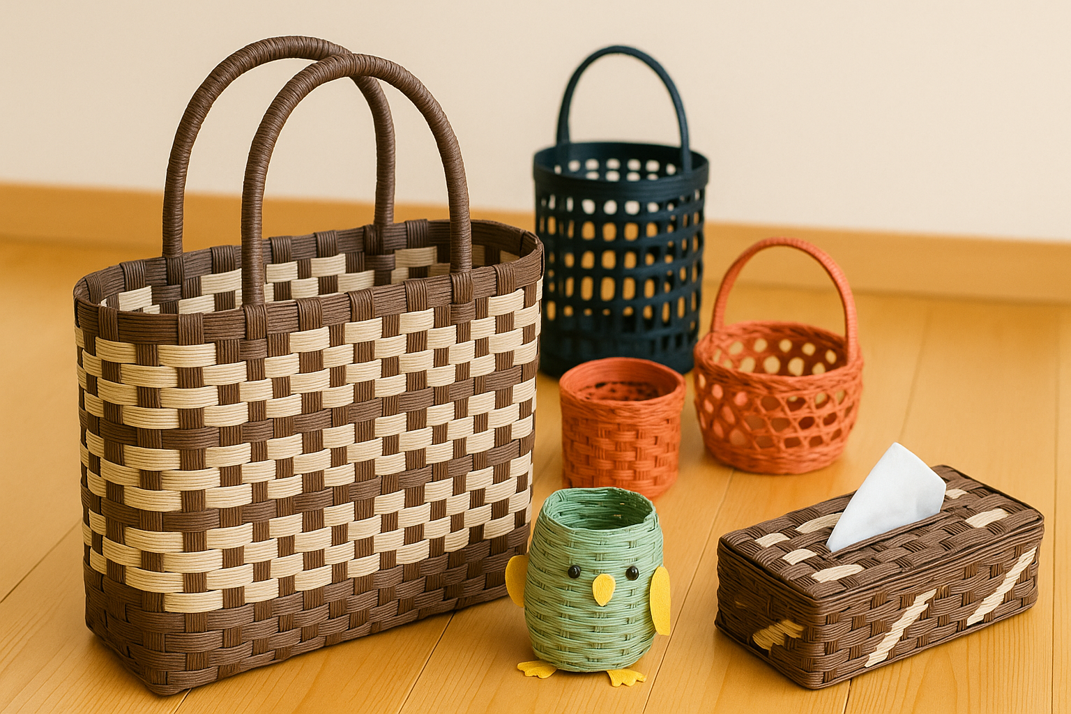 Handcrafted paper band baskets and accessories displayed on a wooden floor, including a two-tone tote bag, small round baskets, an owl-shaped holder, and a matching tissue box cover.