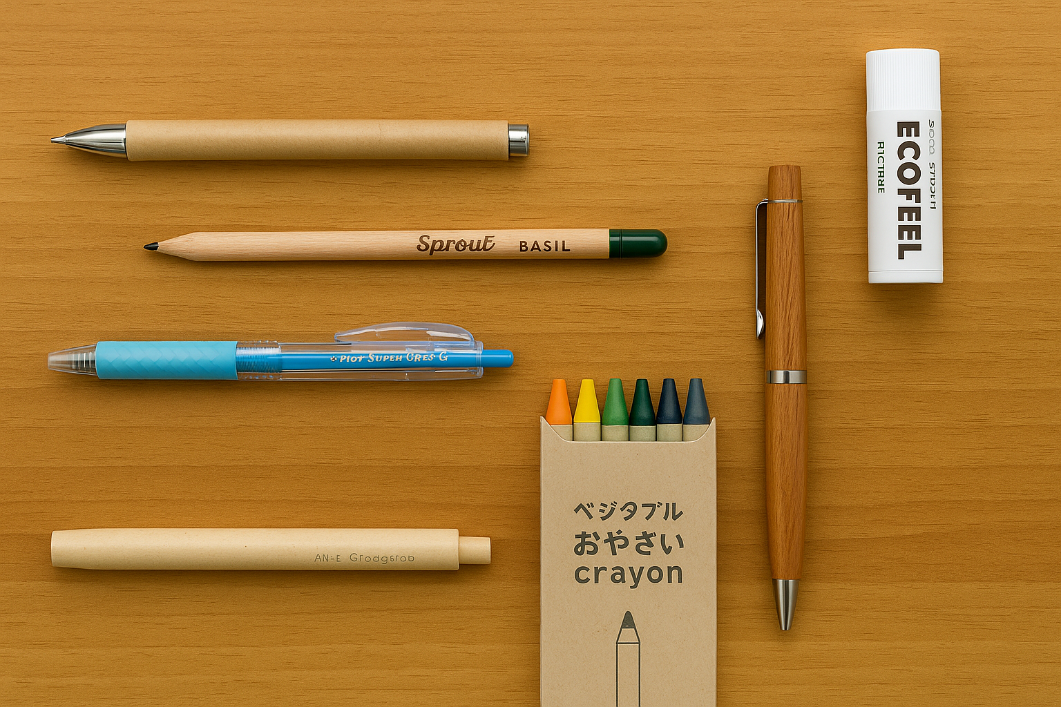 A balanced layout of six Japanese eco-friendly stationery items on a wooden surface, including a recycled paper pen, a plantable pencil, a wooden ballpoint pen, vegetable-based crayons, a PVC-free eraser, and a recycled ocean plastic pen.