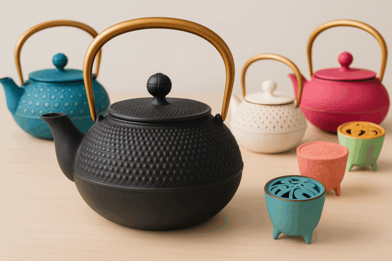 A horizontal photograph featuring a lineup of traditional black Nambu Tekki cast iron teapots, accented by a few colorful designs in pink, blue, and white.