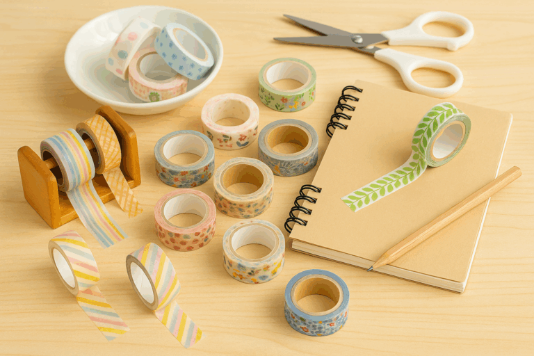 A selection of colorful Japanese washi tapes displayed with a notebook, pencil, and scissors on a light wooden desk.