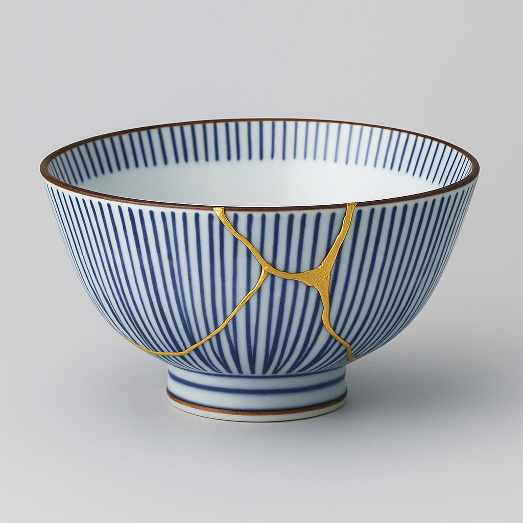 A porcelain bowl with blue vertical stripes repaired using traditional Japanese Kintsugi with gold lacquer.