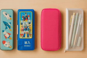 Four Japanese pencil cases from different eras displayed on a wooden surface, ranging from a vintage tin case with rocket illustrations, a 1980s-style blue plastic case with a robot design, a modern pink fabric pouch, and a frosted plastic case with neatly arranged pens.