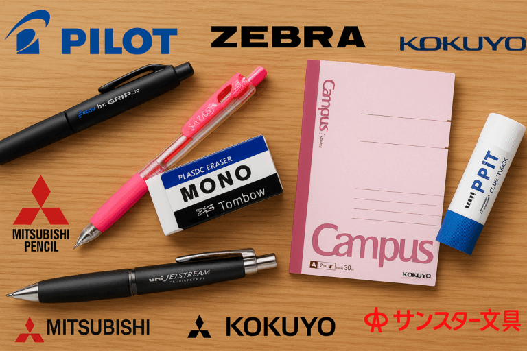 A neatly arranged selection of Japanese stationery items on a wooden desk, including popular products from Pilot, Zebra, Tombow, Kokuyo, Mitsubishi Pencil, and Sun-Star, such as pens, notebooks, glue sticks, and erasers.