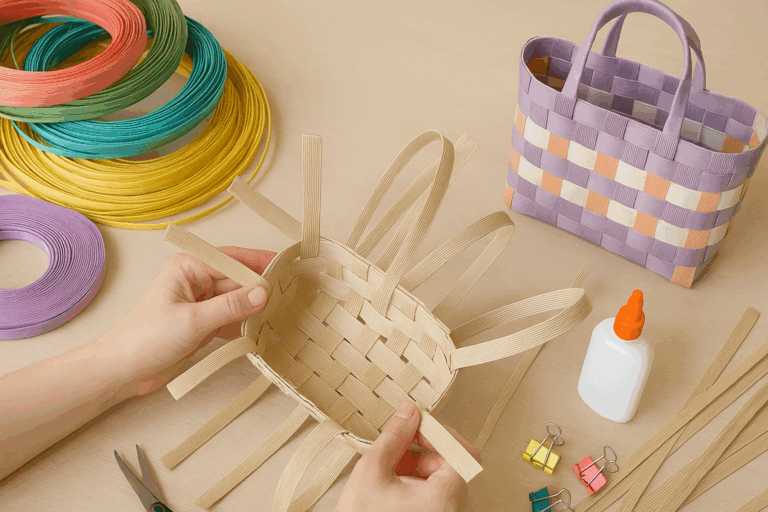 Hands weaving a small basket with colorful Japanese craft paper bands, glue, and tools on a table