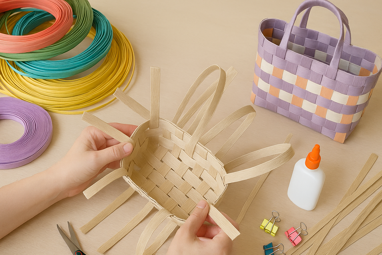 Hands weaving a small basket with colorful Japanese craft paper bands, glue, and tools on a table