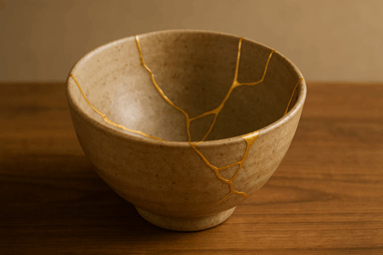 A handcrafted ceramic bowl repaired using the Kintsugi method, with visible golden cracks highlighting its restored imperfections. The bowl rests on a wooden surface with a warm, neutral background.