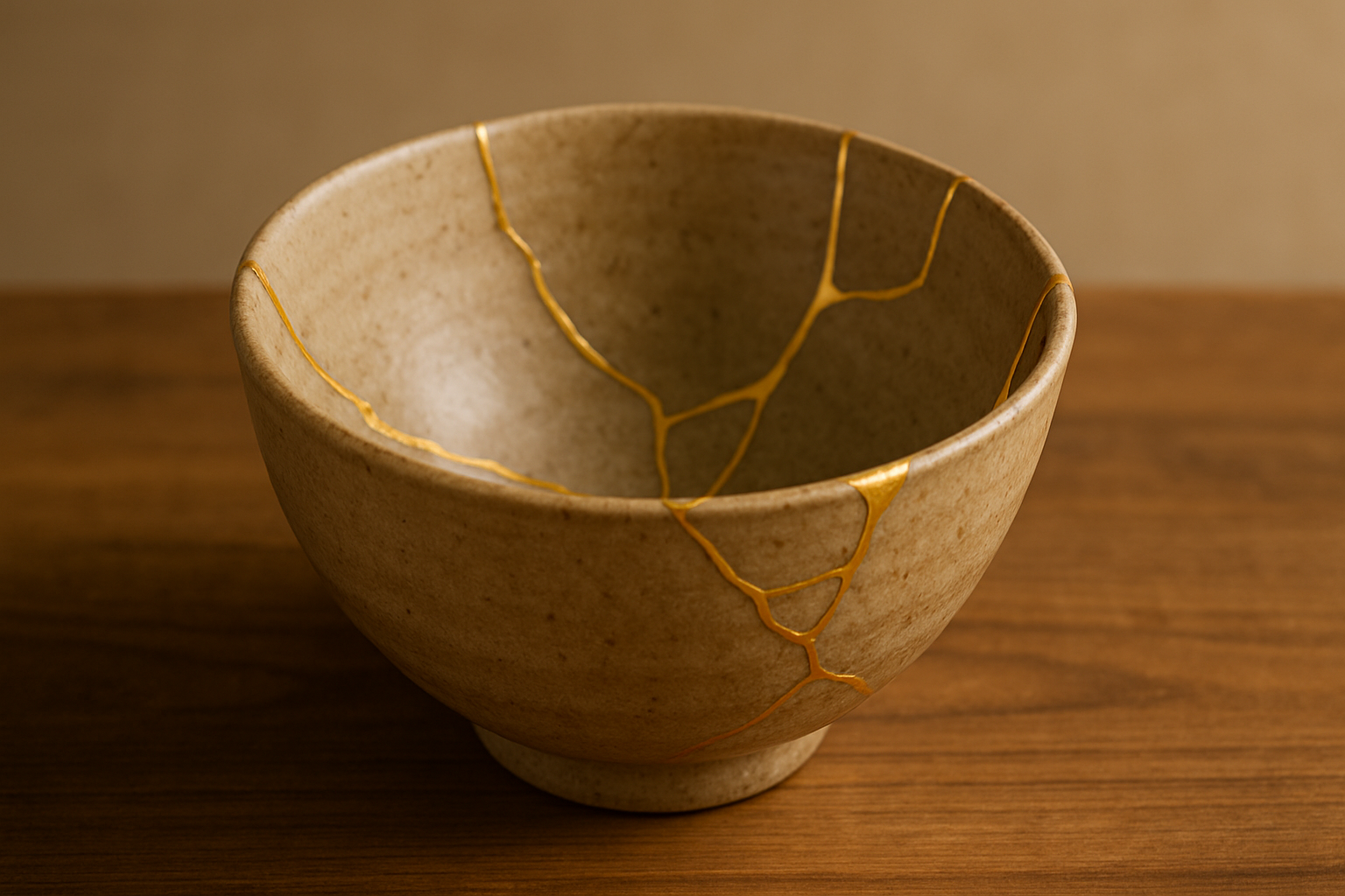 A handcrafted ceramic bowl repaired using the Kintsugi method, with visible golden cracks highlighting its restored imperfections. The bowl rests on a wooden surface with a warm, neutral background.
