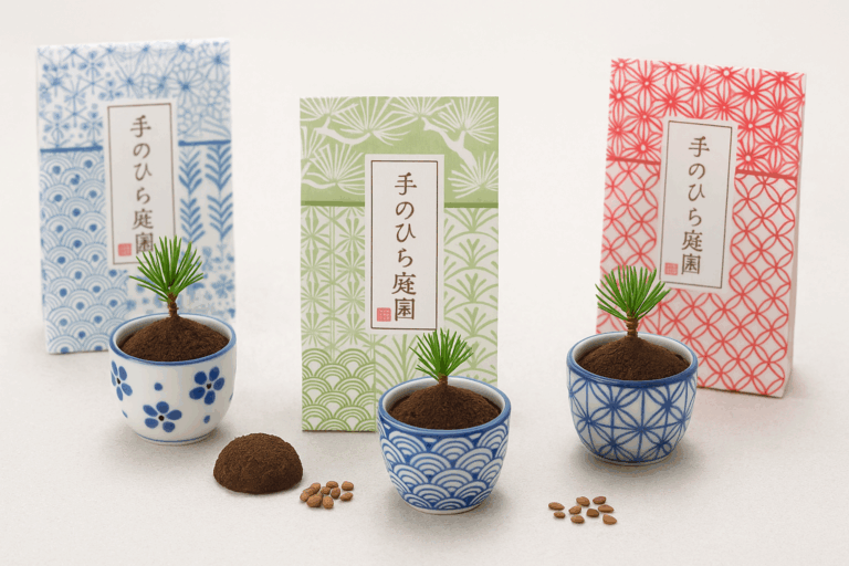 A photograph features three miniature bonsai tree kits arranged in traditional ceramic pots, displayed on a wooden surface with soft natural lighting.