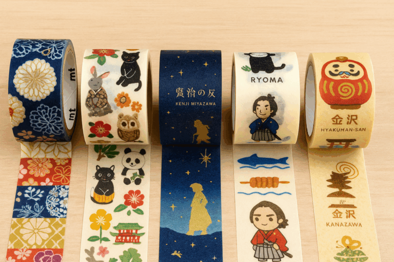 A photograph displays five decorative washi tape rolls with regional Japanese designs, laid out neatly on a wooden surface.