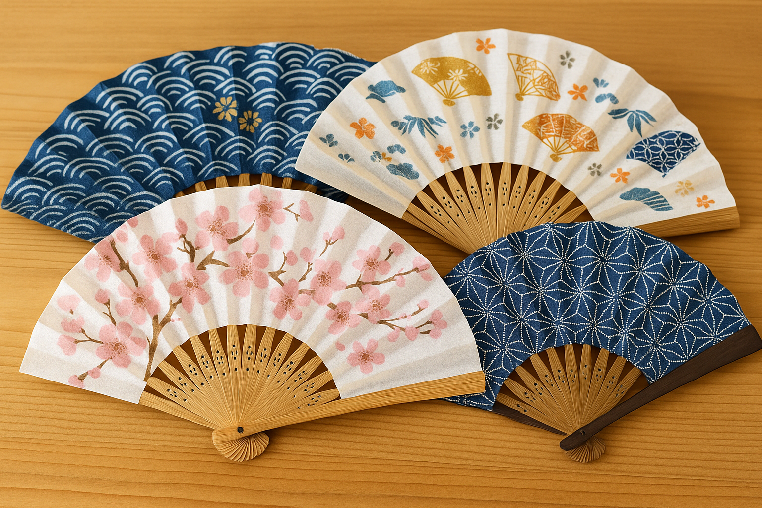 A photograph displays four Japanese folding fans with traditional patterns, including cherry blossoms, wave motifs, and geometric designs, placed on a wooden surface.