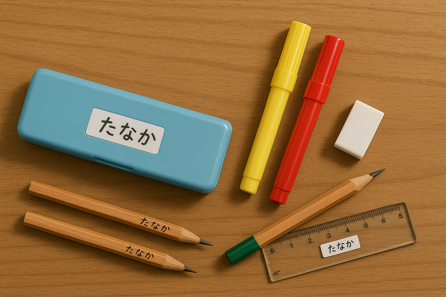 Neatly arranged Japanese elementary school stationery on a wooden desk, including pencils, a white eraser, a ruler, markers, and a blue pencil case labeled in Japanese.