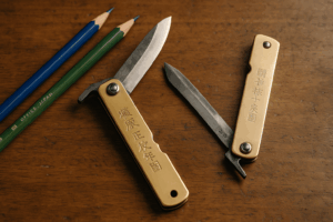 Two traditional brass-handled Higonokami folding knives with carbon steel blades rest beside sharpened pencils on a wooden table, showcasing the nostalgic charm of Japanese craftsmanship.
