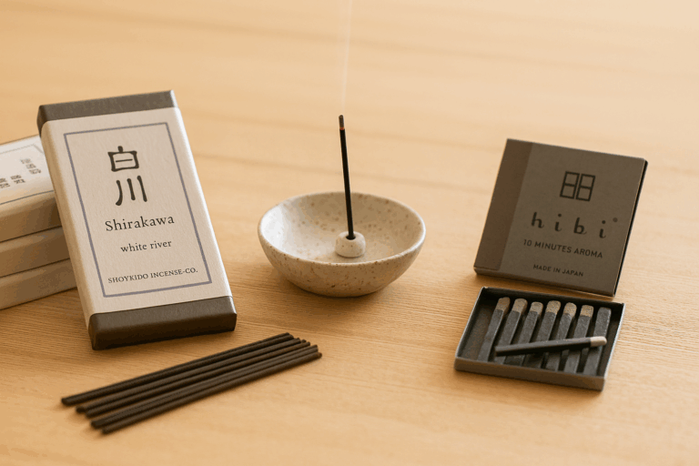 A serene arrangement of Japanese incense products including Shoyeido Shirakawa and hibi 10 Minutes Aroma, displayed with a lit stick of incense in a ceramic holder on a light wooden surface.