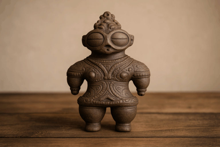 A realistic Shakōki-dogū figurine displayed on a wooden surface with a neutral background.