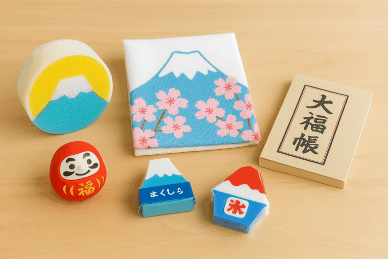 A neatly arranged set of five colorful Japanese souvenirs, including a Mount Fuji sponge, cherry blossom-themed tenugui, red daruma doll, two Fuji-shaped erasers, and a vintage-style ledger notebook, displayed on a wooden surface.