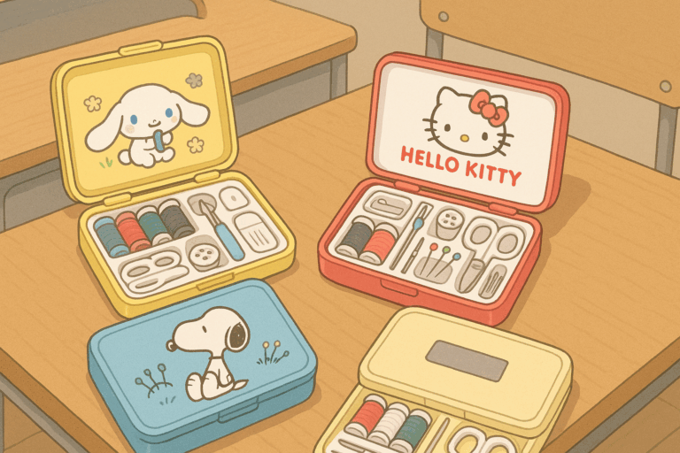 Cute Japanese character-themed sewing kits arranged on elementary school desks, featuring Hello Kitty, Snoopy, and Cinnamoroll.