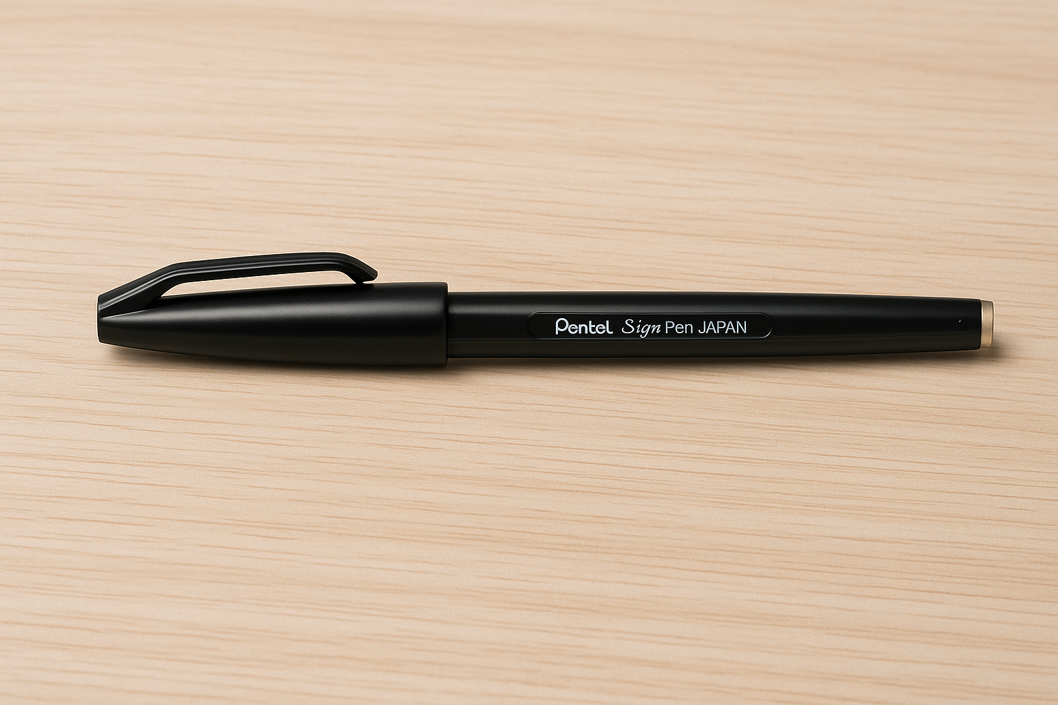 A black Pentel Sign Pen lying diagonally on a light wooden desk, showcasing its sleek design and capped tip.