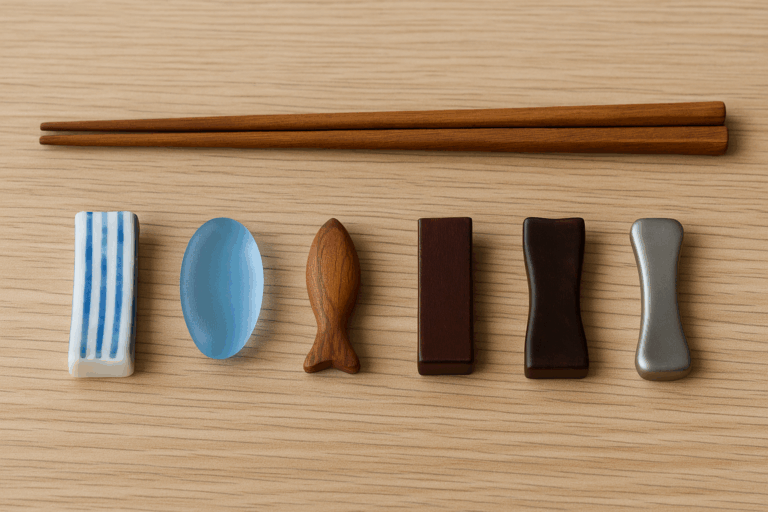 A photograph displays five distinct Japanese chopstick rests (hashioki) made of various materials—porcelain, glass, wood, lacquer, and metal—arranged neatly on a light wood surface with a pair of chopsticks placed above them.