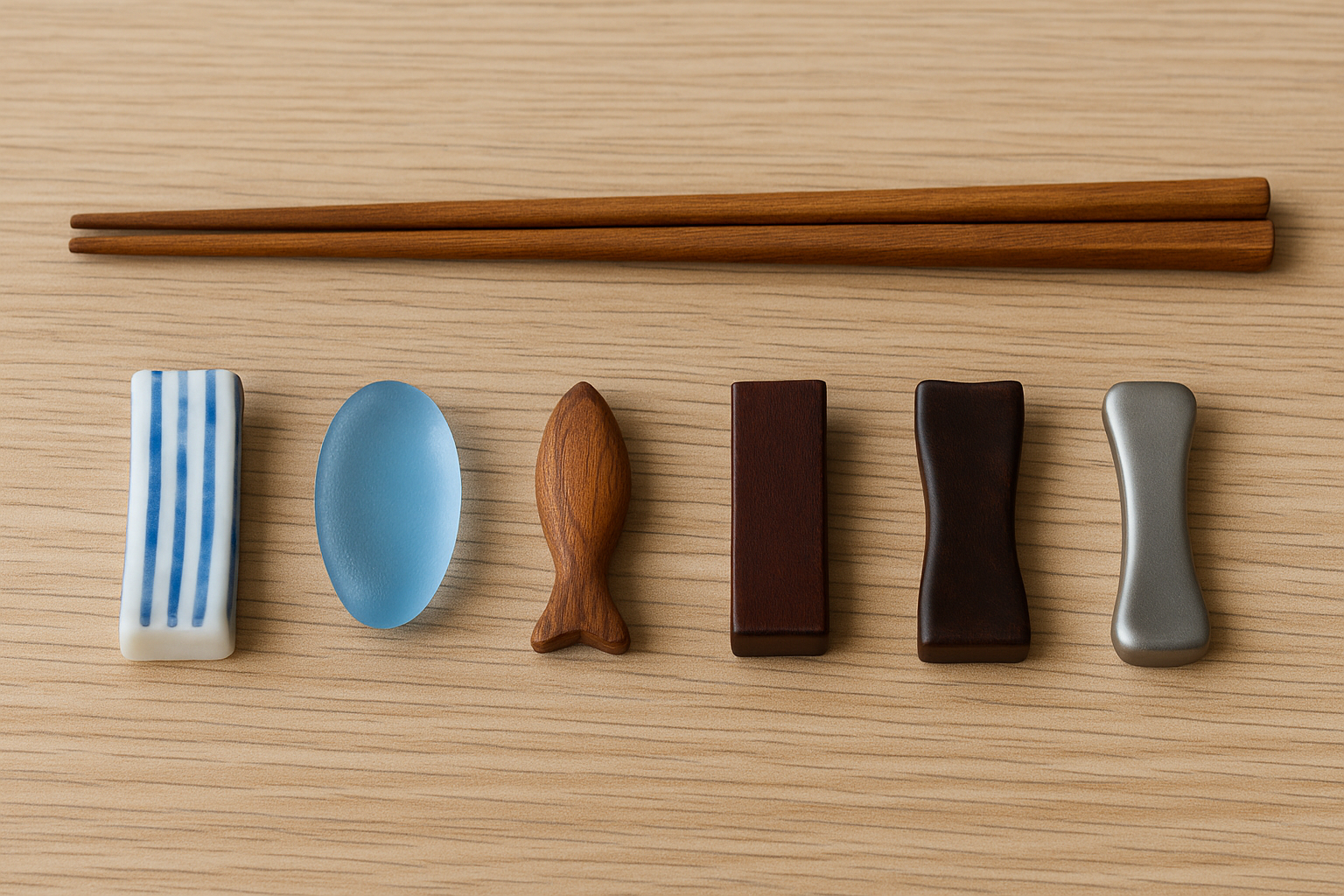 A photograph displays five distinct Japanese chopstick rests (hashioki) made of various materials—porcelain, glass, wood, lacquer, and metal—arranged neatly on a light wood surface with a pair of chopsticks placed above them.