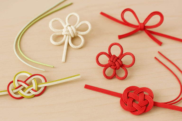 A photograph of intricately tied traditional Japanese Mizuhiki knots in various shapes and colors, arranged horizontally on a white background.