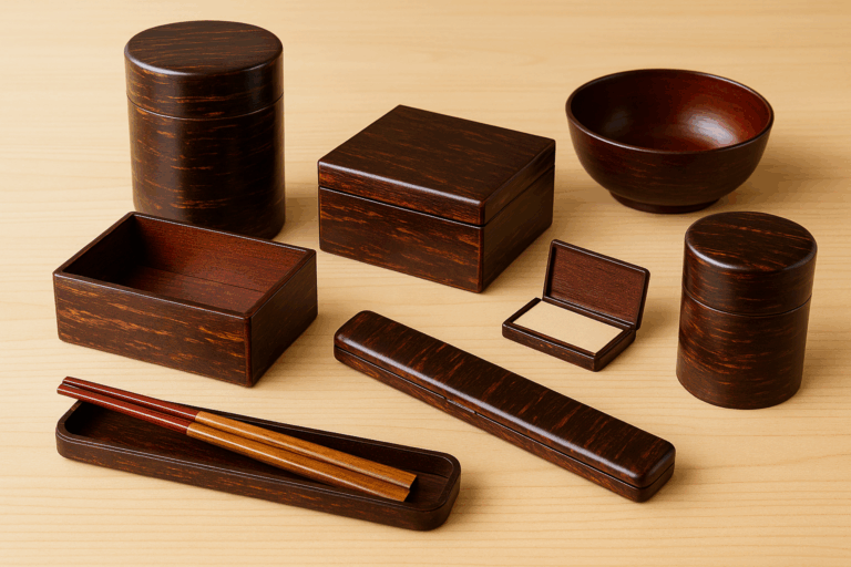 A photograph presents a collection of traditional Japanese Kabazaiku (cherry bark craft) items, including tea caddies, small boxes, a business card holder, and a chopstick case, arranged neatly on a wooden surface.