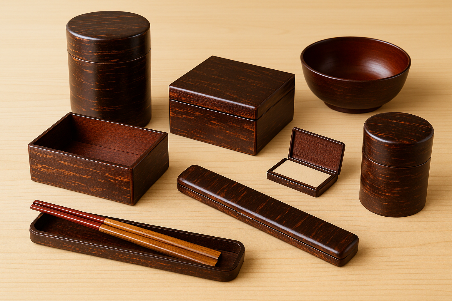 A photograph presents a collection of traditional Japanese Kabazaiku (cherry bark craft) items, including tea caddies, small boxes, a business card holder, and a chopstick case, arranged neatly on a wooden surface.