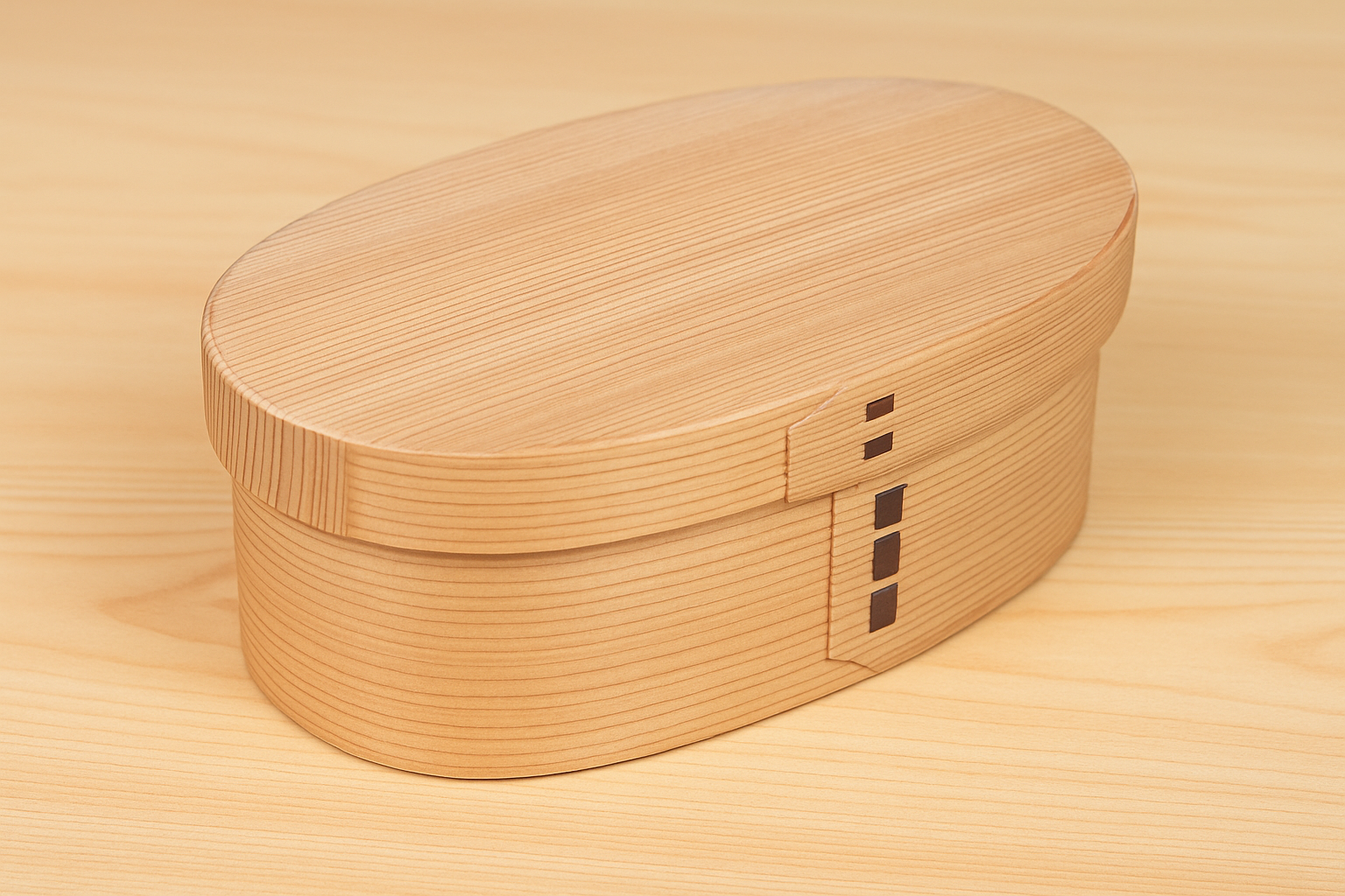 A traditional Japanese magewappa bento box made from natural wood, resting on a smooth wooden surface with visible grain.