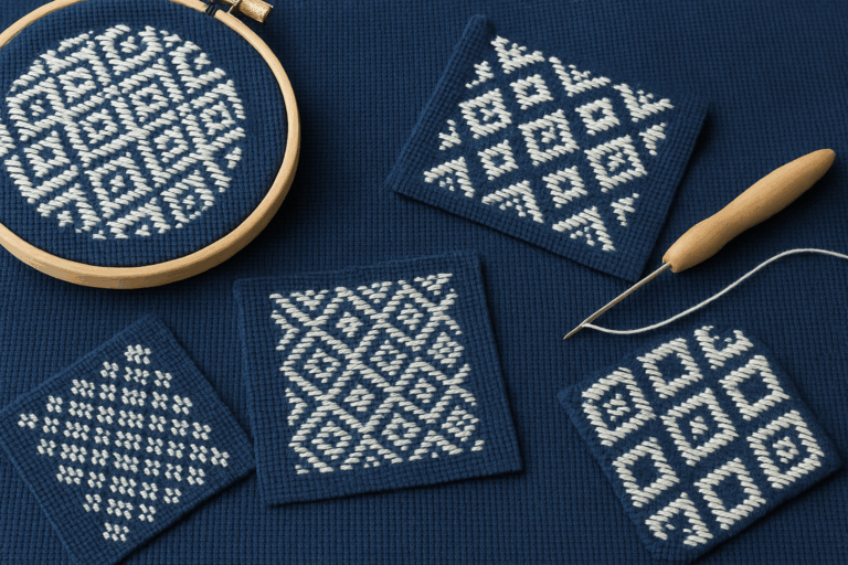 A photograph displays traditional Japanese Kogin embroidery stitched with off-white thread on dark indigo fabric, featuring symmetrical geometric patterns and a wooden embroidery hoop.