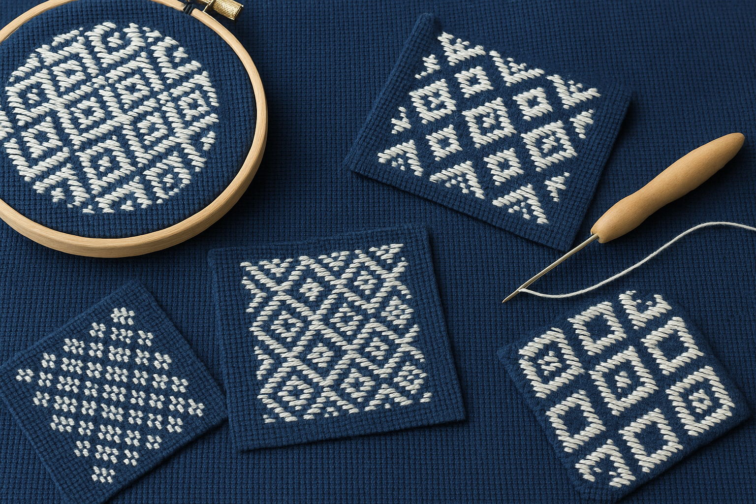 A photograph displays traditional Japanese Kogin embroidery stitched with off-white thread on dark indigo fabric, featuring symmetrical geometric patterns and a wooden embroidery hoop.