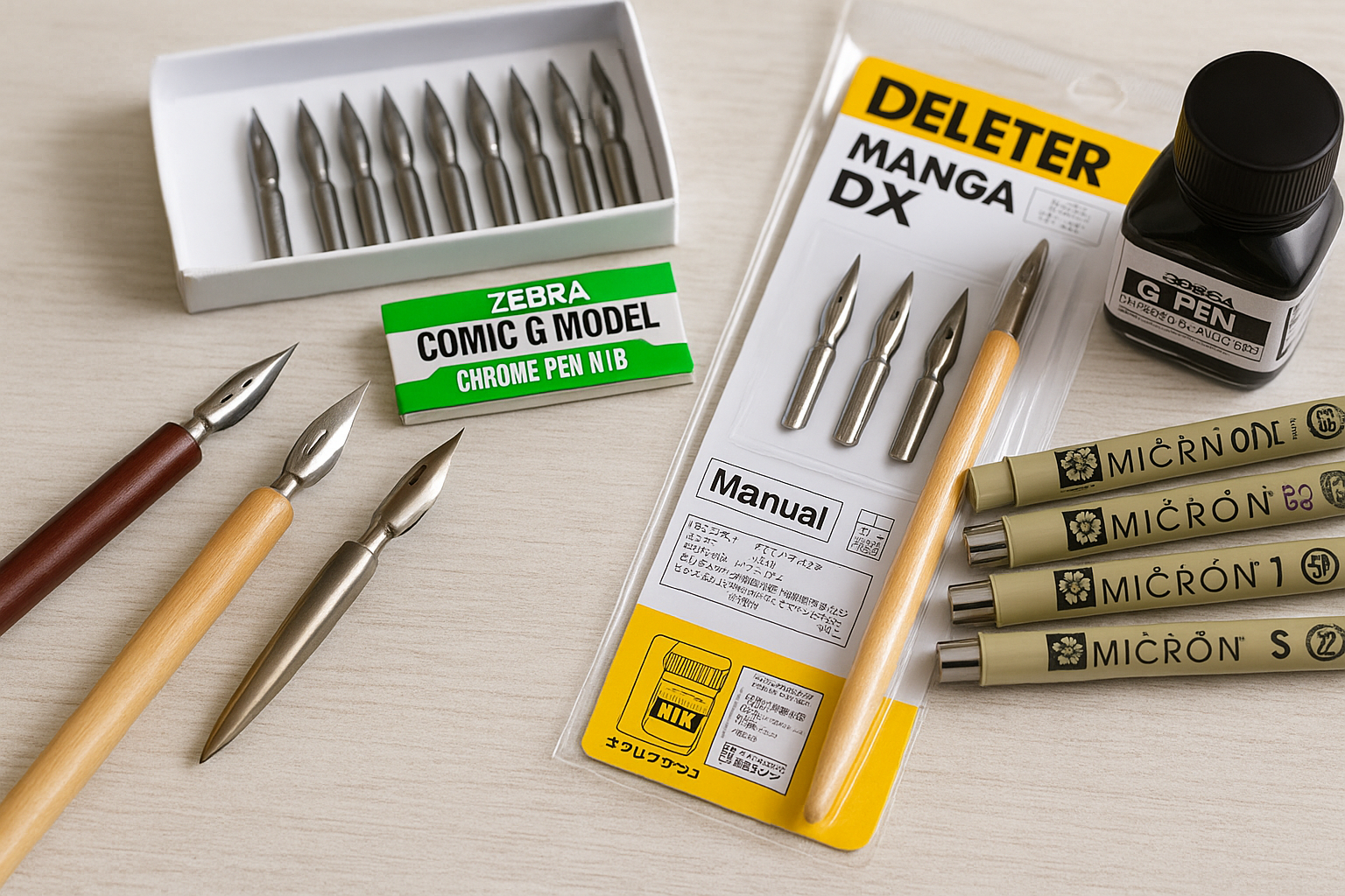 A photograph showcases manga drawing tools laid out on a wooden surface, including dip pens, G pen nibs, Zebra nib packaging, ink bottle, and Micron fineliner pens.