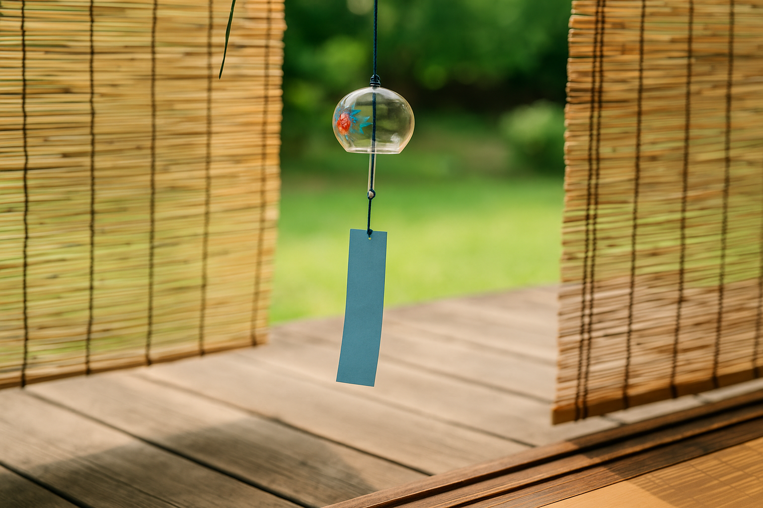 A photograph captures traditional Japanese summer items on a wooden veranda, featuring a glass wind chime, bamboo blinds, and a reed screen against a green garden backdrop.