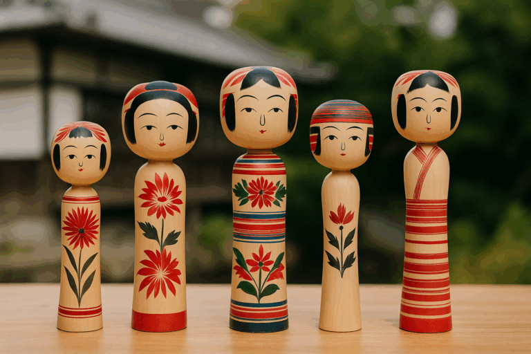A horizontal photograph showing five traditional Japanese kokeshi dolls standing in a row on a wooden surface. Each doll features unique painted floral or striped designs. The background includes a blurred view of a Japanese building and lush green foliage.