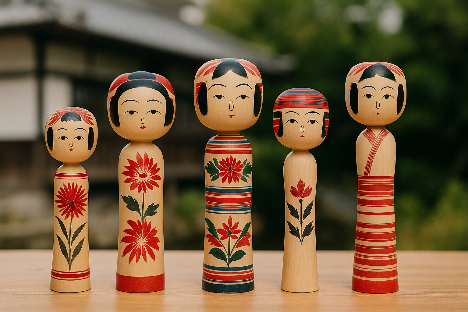 A horizontal photograph showing five traditional Japanese kokeshi dolls standing in a row on a wooden surface. Each doll features unique painted floral or striped designs. The background includes a blurred view of a Japanese building and lush green foliage.