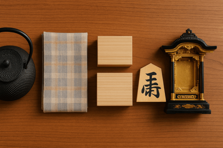 A high-resolution photograph featuring five traditional crafts from Yamagata, Japan, including a cast iron teapot, a handwoven silk textile, two Paulownia wood boxes, a hand-carved shogi piece, and an ornate Buddhist altar, all arranged on a warm wooden surface.