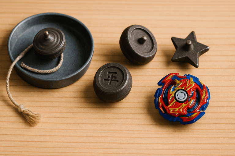 A group of four spinning tops on a wooden surface, including traditional Japanese cast-metal beigoma and a colorful modern Beyblade.